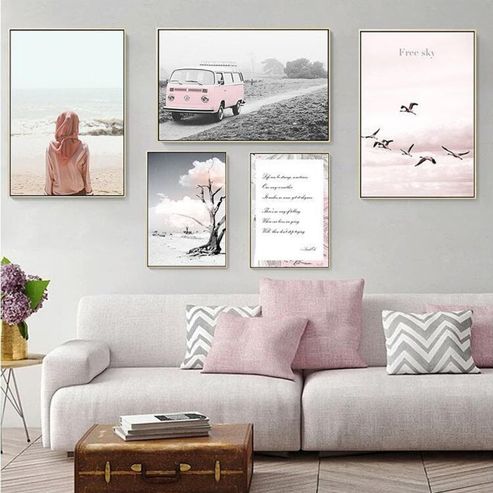 Pink Seascape Bus Healing Girl - Canvas Wall Art Painting