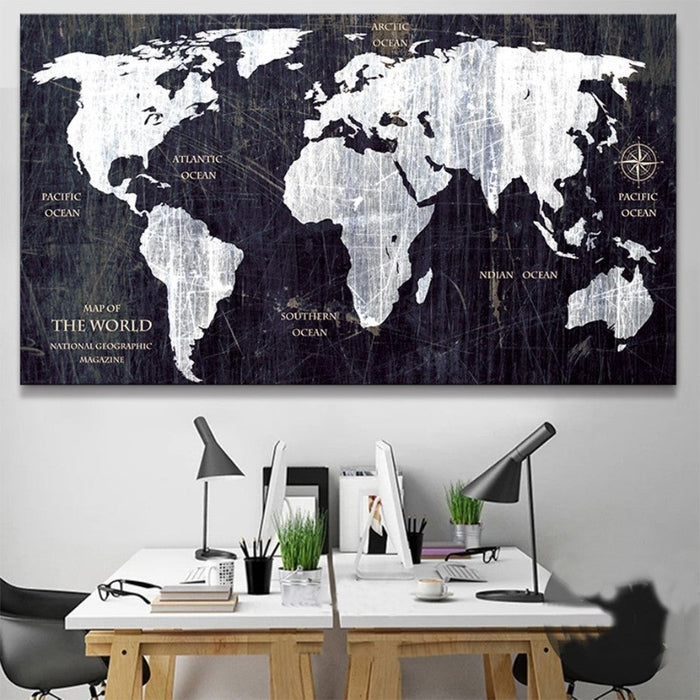 Vintage Black And White World Map Posters Prints - Canvas Wall Art Painting