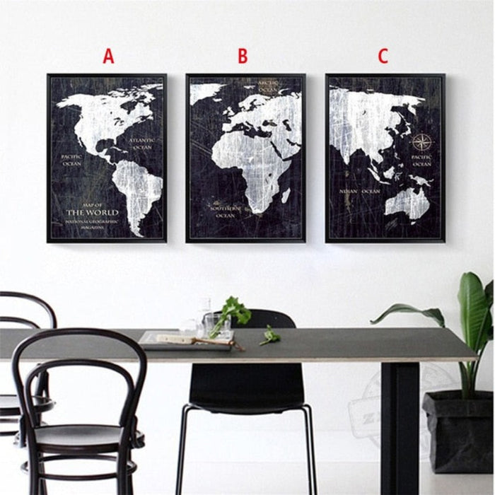 Vintage Black And White World Map Posters Prints - Canvas Wall Art Painting