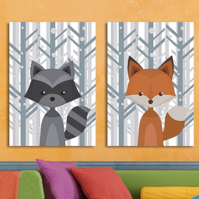 Woodland Fox Deer Animals - Canvas Wall Art Painting