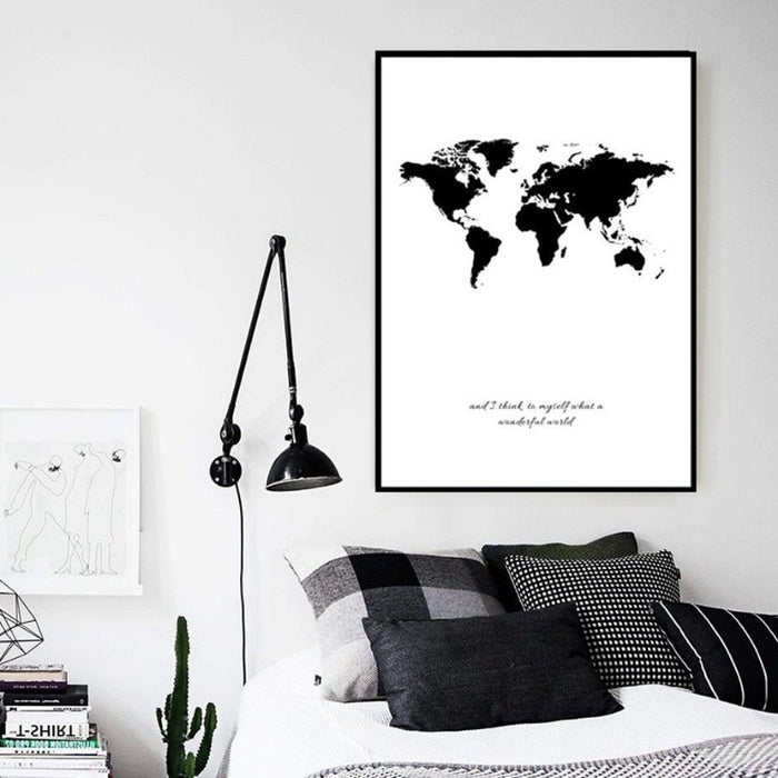 Black White World Map - Canvas Wall Art Painting