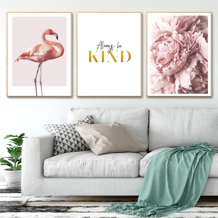 Modern Pink Flamingo Peony Flowers - Canvas Wall Art Painting