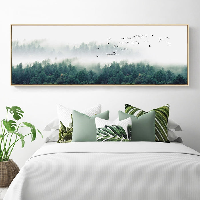 Nordic Fog Birds Foresters Landscape - Canvas Wall Art Painting