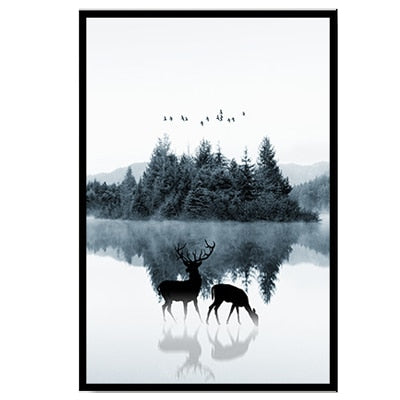 Nordic Scandinavia Landscape Deer - Canvas Wall Art Painting