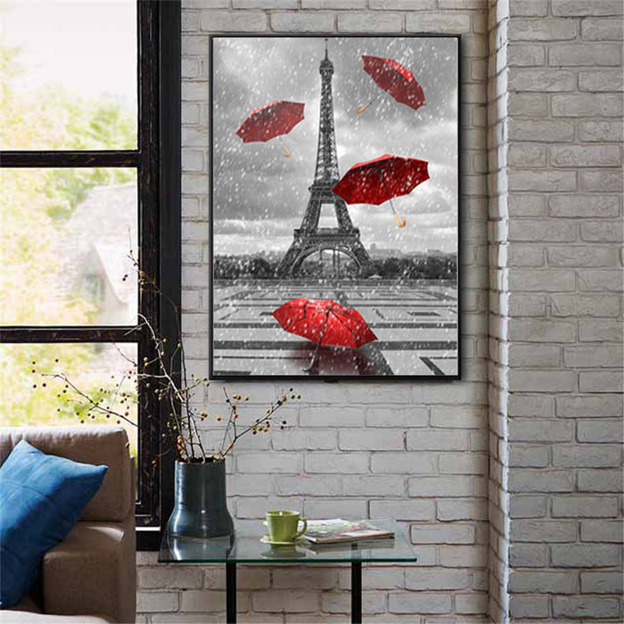 Vintage Eiffel Tower Red Umbrella - Canvas Wall Art Painting