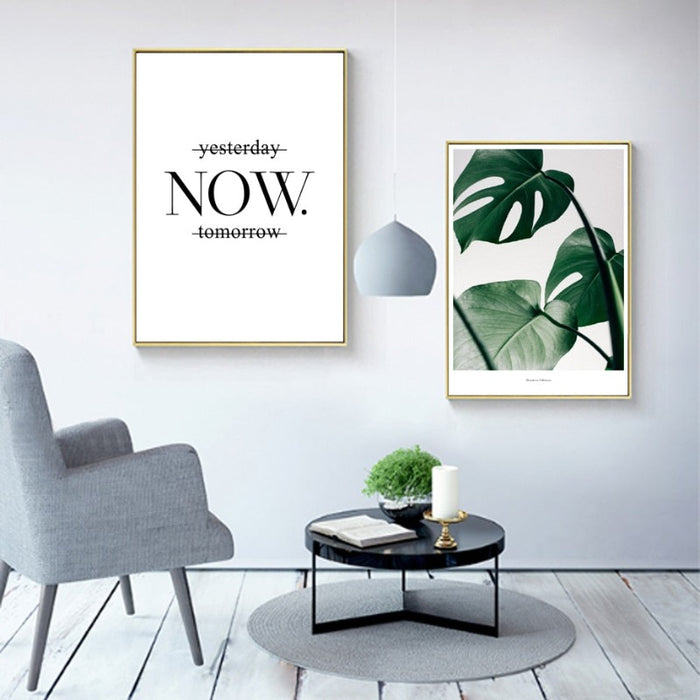 Green Leaves Plants Now Inspiring Quote - Canvas Wall Art Painting
