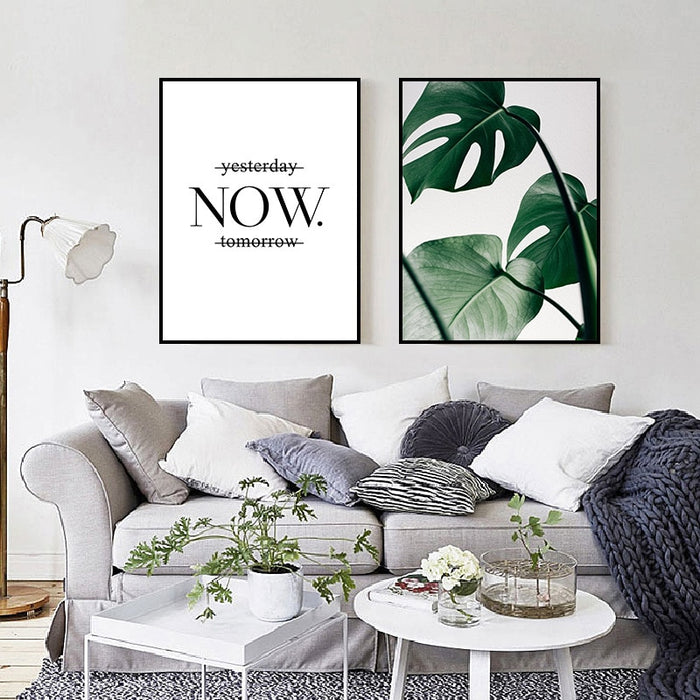 Green Leaves Plants Now Inspiring Quote - Canvas Wall Art Painting