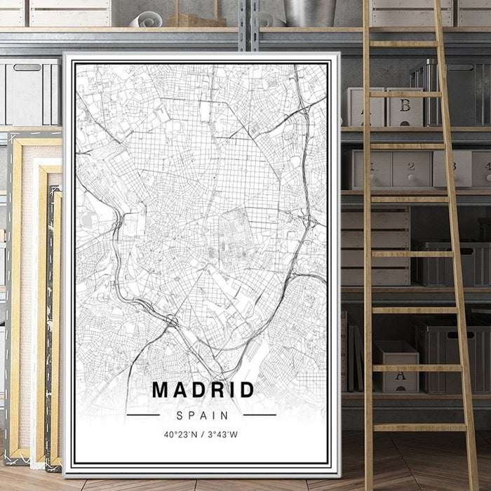 Black And White Madrid City Map Latitude Longitude Prints Poster