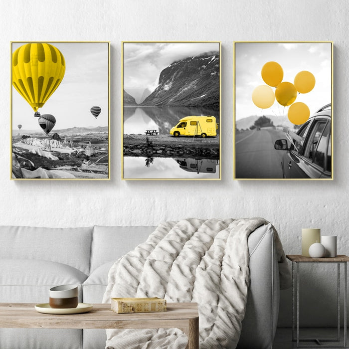 Modern Travel Poster Yellow Air Balloon - Canvas Wall Art Painting