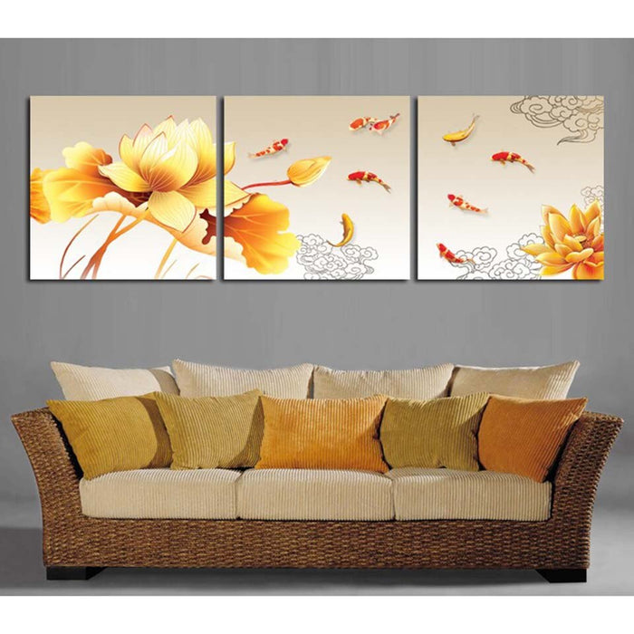 Golden Flower Koi Fish - Canvas Wall Art Painting