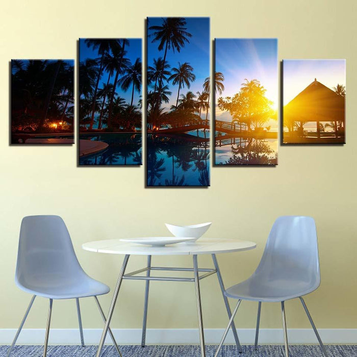 Coconut Trees And Sunset Seascape - Canvas Wall Art Painting