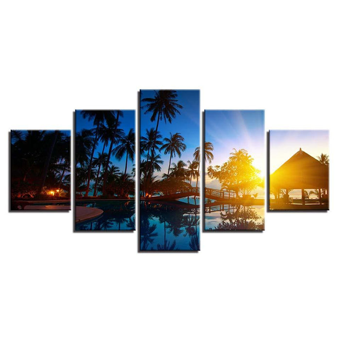 Coconut Trees And Sunset Seascape - Canvas Wall Art Painting