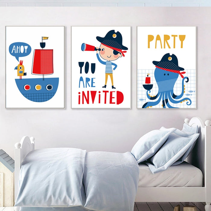 Blue Pirate Sailboat - Canvas Wall Art Painting