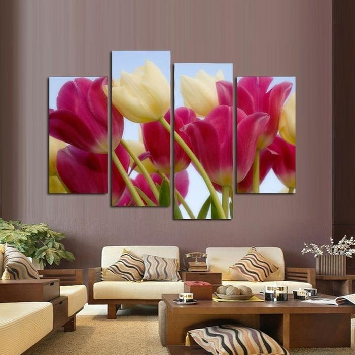 White Pink Tulips Flowers - Canvas Wall Art Painting
