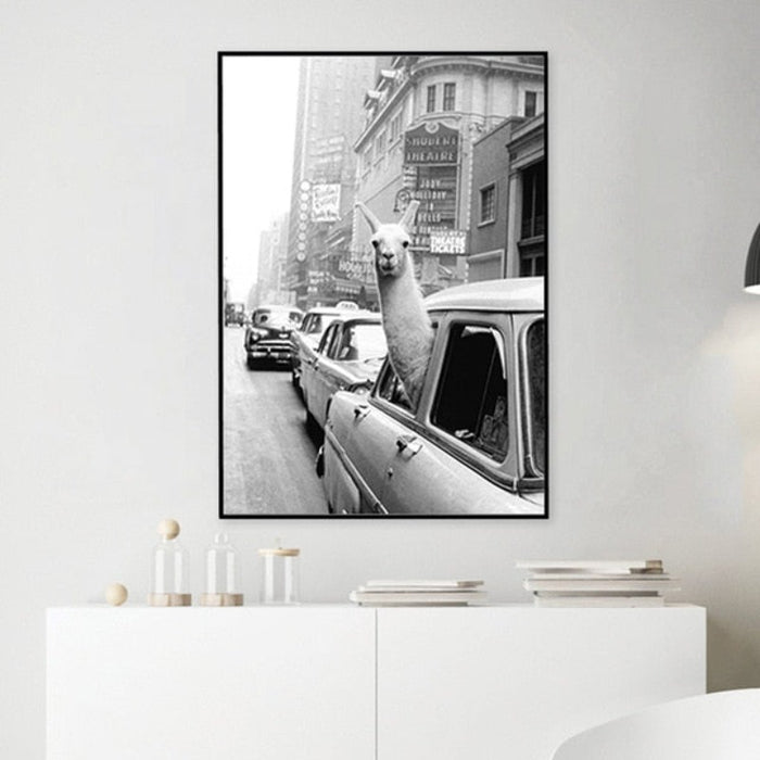 Alpaca in Taxi - Canvas Wall Art Painting