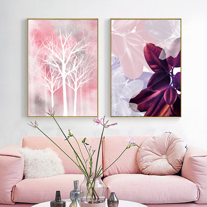 Modern Pink Leaves Woodland Watercolor - Canvas Wall Art Painting