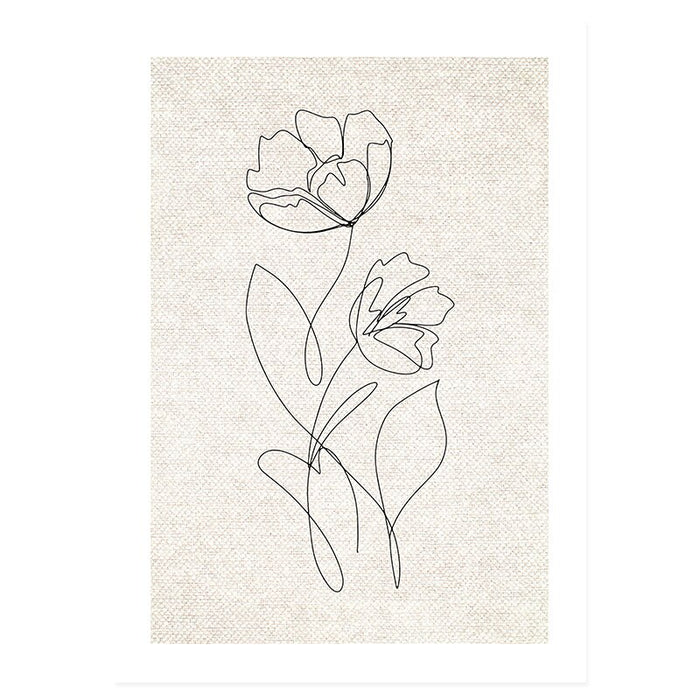 Abstract Hand Sketch Line Floral Boho Beige - Canvas Wall Art Print