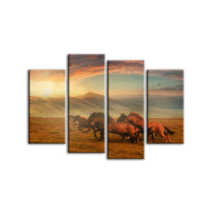 4 Piece Running Horses With Beautiful Landscape - Canvas Wall Art Painting