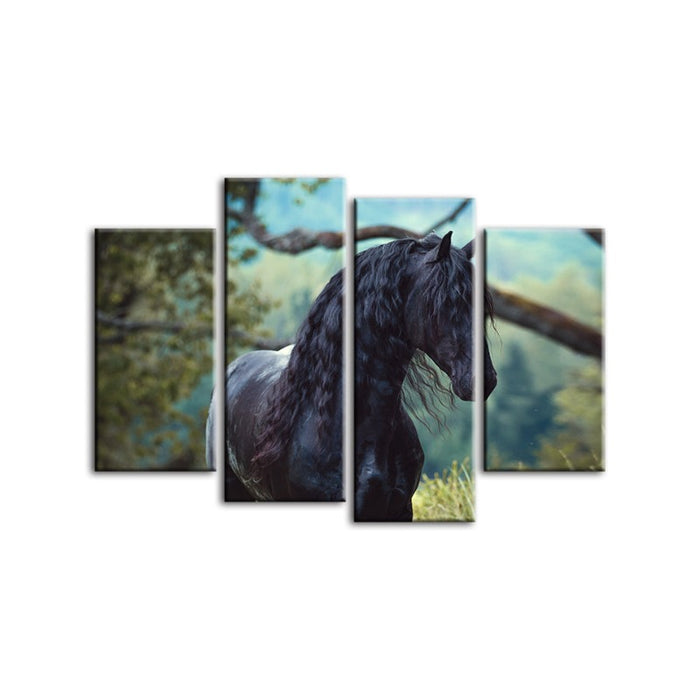 4 Piece Black Horse In Forest - Canvas Wall Art Painting
