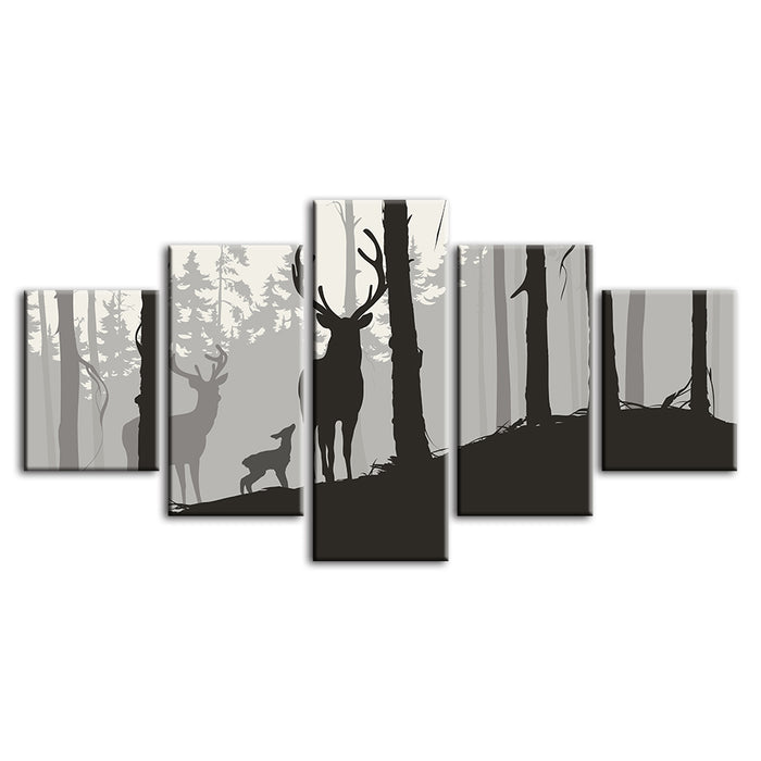 Silhouette Deer Family 5 Piece - Canvas Wall Art Painting