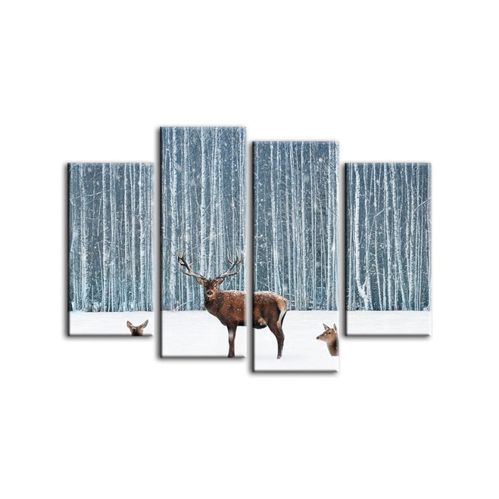 4 Piece Two Does and a Deer in Winter - Canvas Wall Art Painting